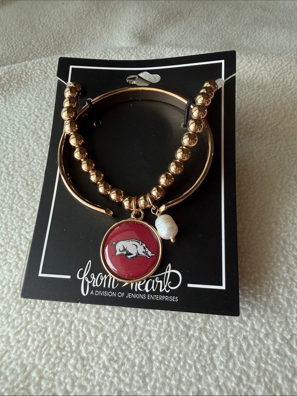 Gold-Tone Bead and Cuff Bracelet with Red University Razorback Charm